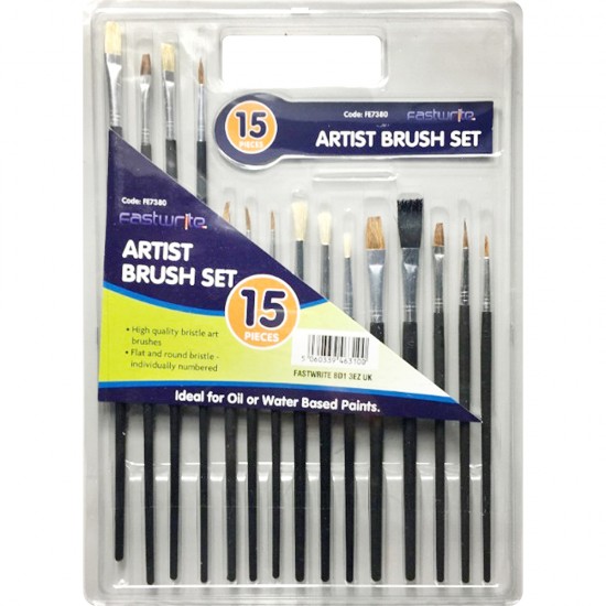 NEW 15PC BRUSHES SET ARTIST PAINT BRUSH FLAT SMALL TIPPED CRAFT ART PAINTING