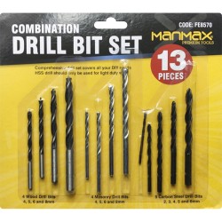13pc Combination Drill Bit Set, 5 Carbon Steel Drill Bits 4 Masonry,AND 4 Wood
